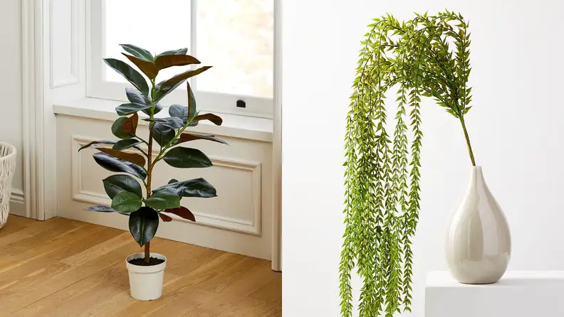 A split image of fake plants from West Elm, one of the best places to buy artificial plants.
