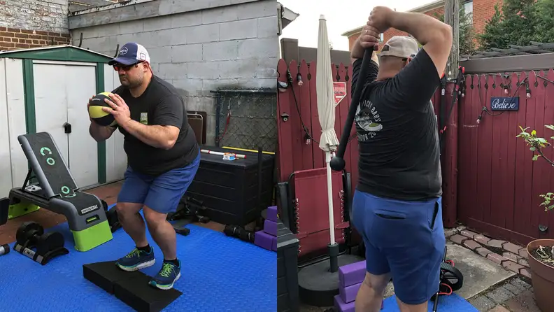Right: Man doing squats with medicine ball. Left: Man exercising with macebell.