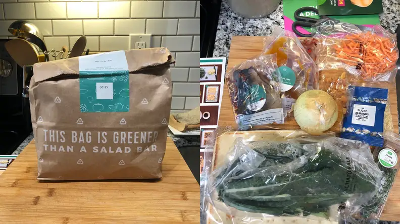 Left: A paper bag on a wood surface. Right: Packaged food.