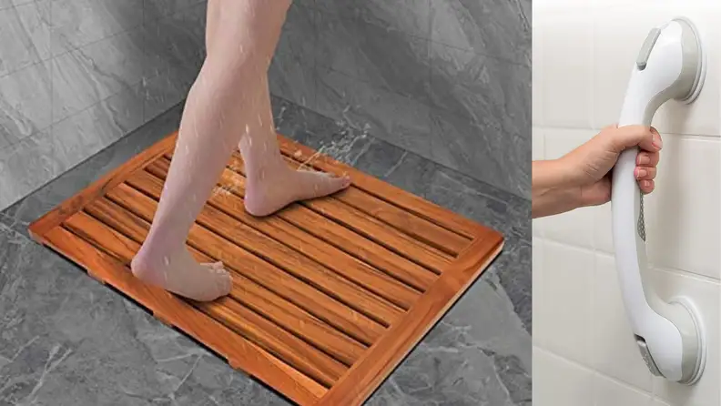 On the left, a person standing on a teak mat. On the right, a person gripping a shower grip bar.