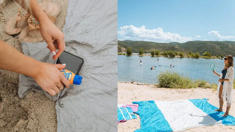 Person playing a game on the beach on top of towel.
