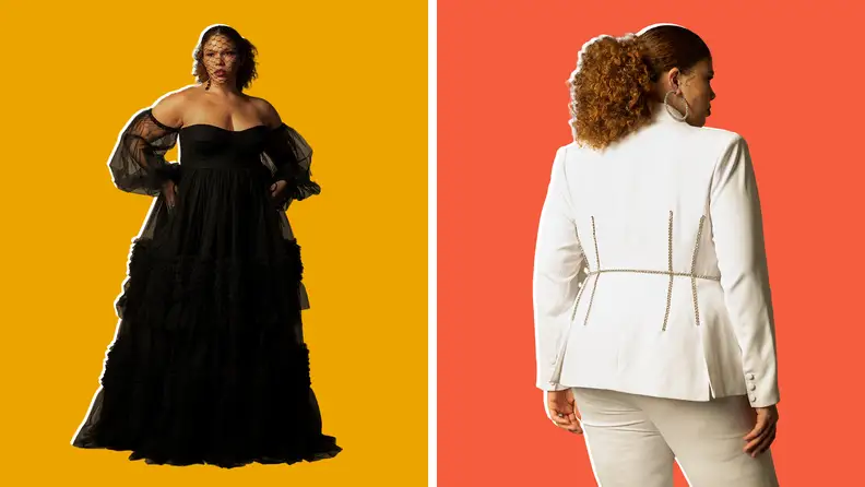 Collage of a woman wearing a black wedding gown and another woman wearing a white blazer.
