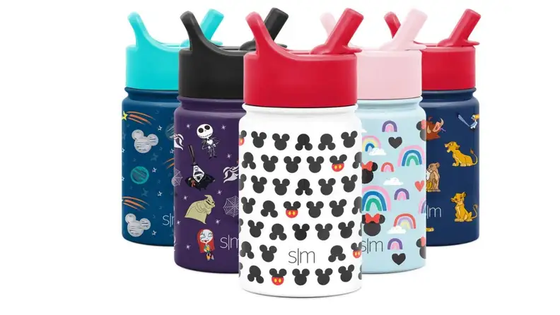 A set of Disney-themed water bottles