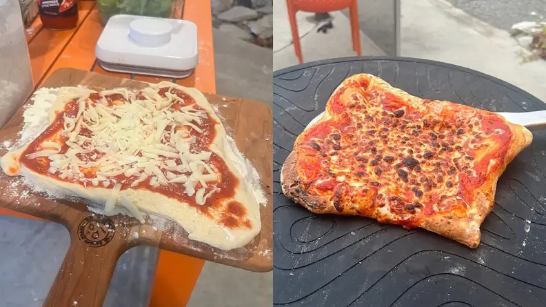 Photo collage of raw pizza sitting on top of wooden pizza peel next to a cooked pizza sitting on top of table surface..