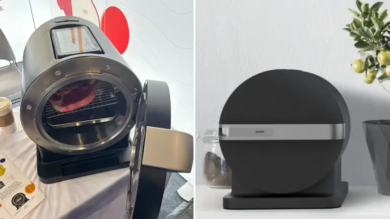 Left: The Agari Smart Cooker open at CES 2025. Right: The Agari smart cooker closed on a counter.