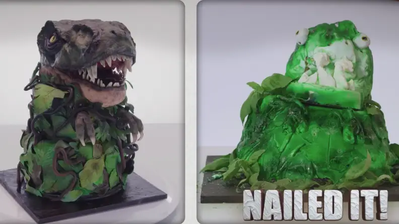 An image from the show Nailed It! of a dinosaur cake alongside a poorly rendered copy of the cake.