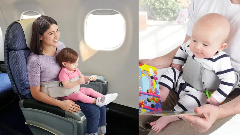 Two images of an infant being carried in a Primo LapBaby.