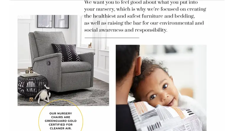 A page explaining the sustainability requirements for the Pottery Barn Kids baby registry items.