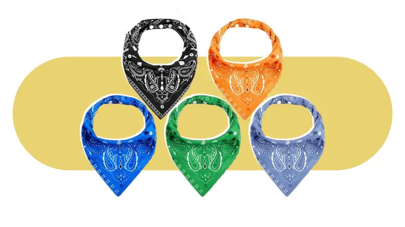 A collection of five Jiuguva bibs in different colors on a colorful background