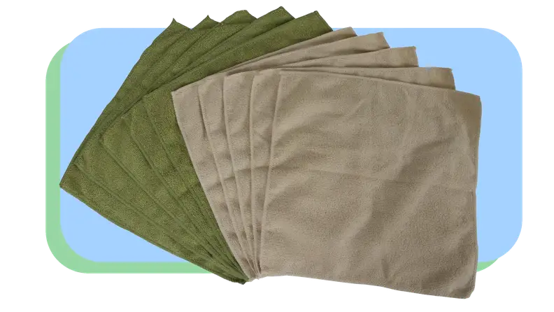 Olive green and gray microfiber cloths fanned out on top of each other.