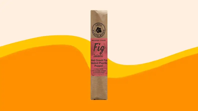 A product photo of Hellenic Farms Fig Salami on an orange and beige background.