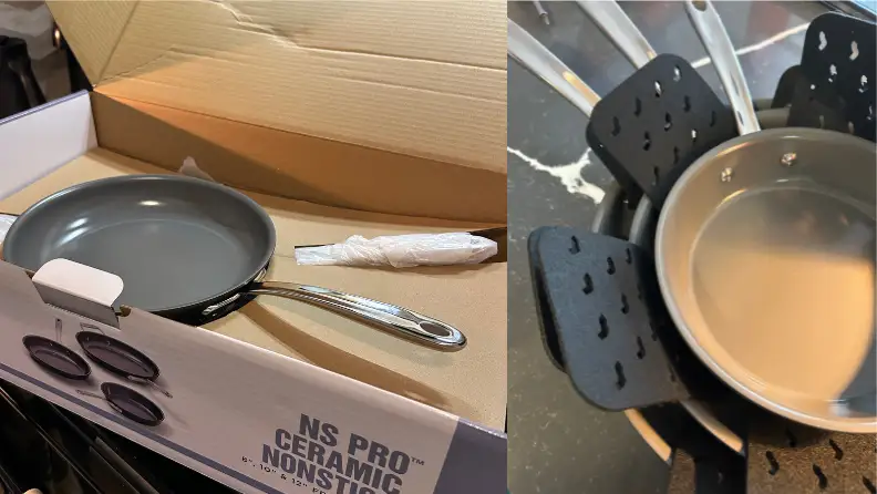 8-inch, 10-inch, and 12-inch All-Clad nonstick pans in their packaging.