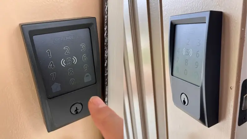 A side by side image of a keypad for a smart door lock attached to a front door