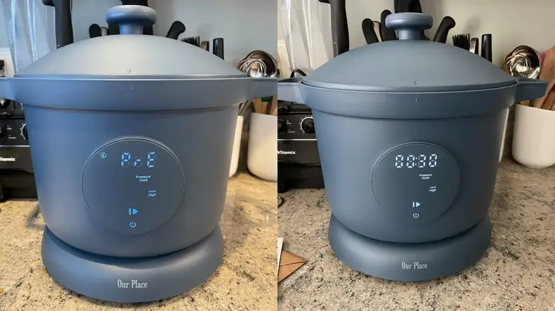 Photo collage of the control panel on the front of the Dream Cooker in Blue Salt color.