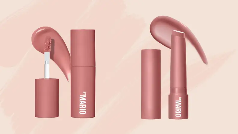 On the left: A pink doe-foot applicator next to a pink tube with a swatch of pink lip color behind it. On the right: A pink lipstick tube cap next to a pink lipstick tube with a swatch of pink color behind it.