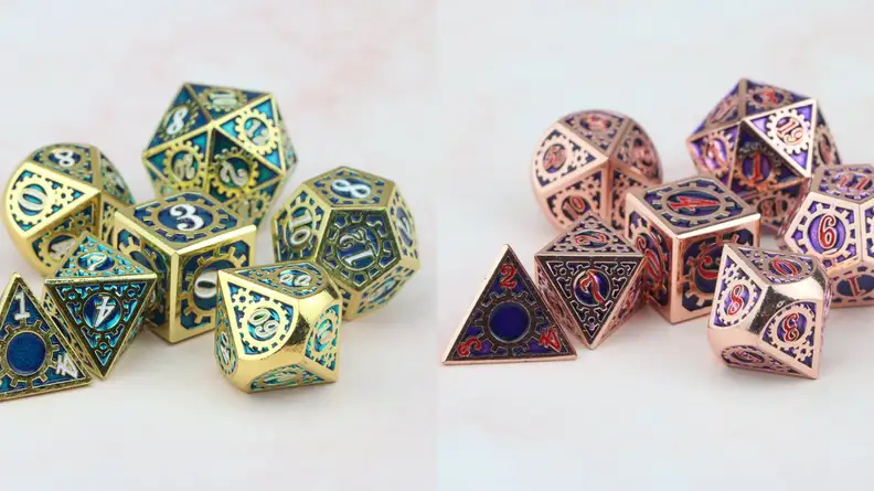 Two images of handmade TTRPG dice sets in copper and blue and copper and purple-red.