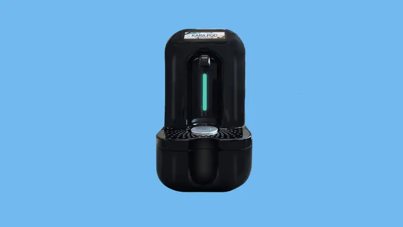 The Kara Pod water and coffee dispenser on a blue background.