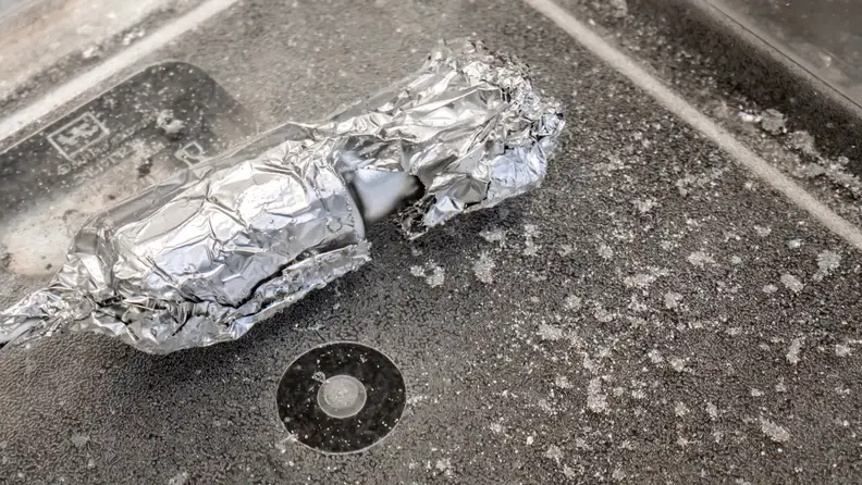 A proof-of-concept test showed that the Sonic Soak was powerful enough to turn aluminum foil into aluminum powder.