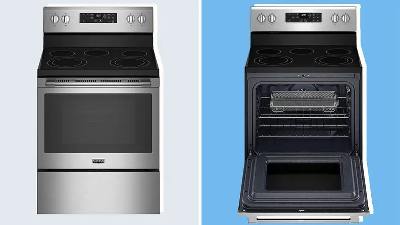 A split image of the Maytag MER7700LZ with the oven door closed and opened shows the air fryer basket inside.
