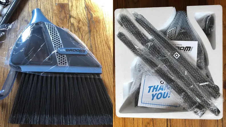 Broom broken into several pieces before assembly in box.