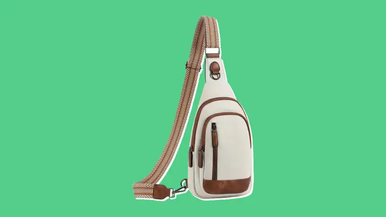 A front view of the CLUCI sling bag in beige with brown accents.