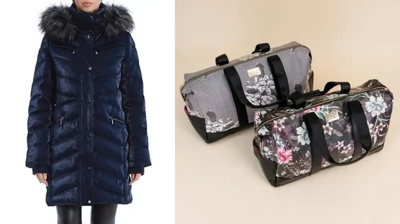 A Badgley Mischka winter coat with lining and two duffle bags.