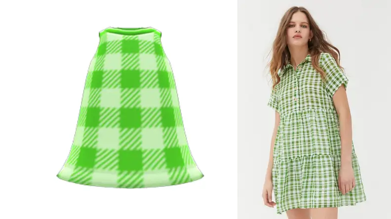 A plaid dress and a similarly patterned dress in Animal Crossing.