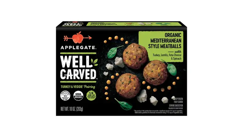 A box of Applegate's organic Mediterranean-style meatballs.