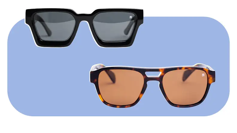 Two pairs of aviator sunglasses against a blue background.