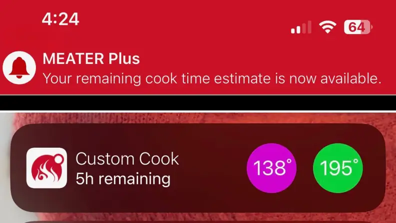 The Meater app's push notifications on a phone.