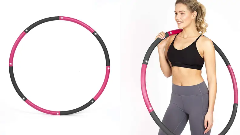 An image of the hula hoop and a woman posing with the hoop on her shoulder.