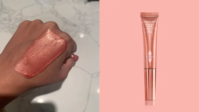 On the left: The author's hand with a swatch of liquid blush on it. On the right: A pink tube of liquid blush on a pink background.