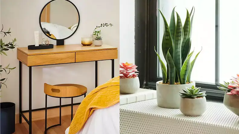 An image of a pale wooden vanity in front of a yellow chair, alongside an image of a fake snake plant and fake succulent sat on a windowsill.