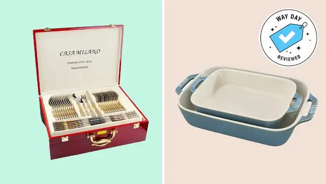 two blue pans stacked and a silverware set in a red box