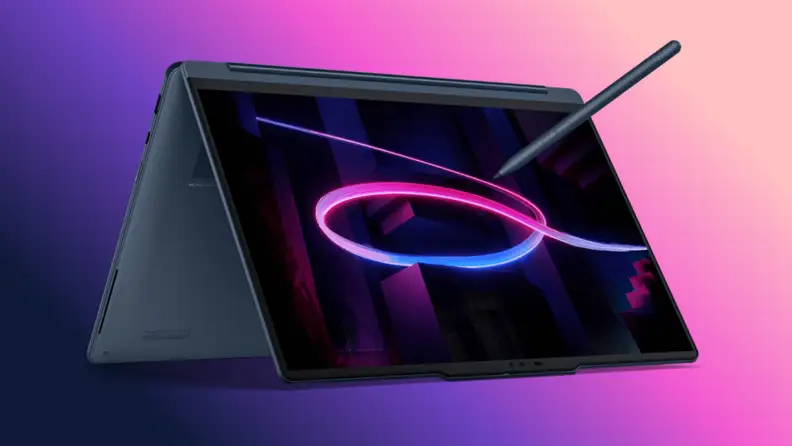 Lenovo Yoga 9i Aura Edition Gen 11 2-in-1 laptop with stylus shown in tablet mode.