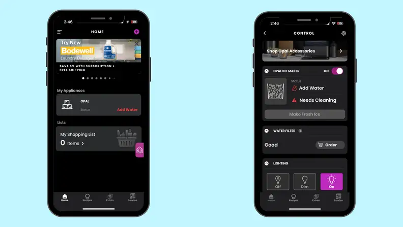 Two iPhone screen shots of the app on a blue background