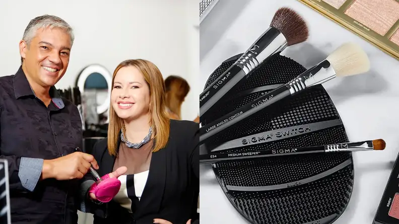 On the left: The founders of Sigma Beauty holding products from the brand. On the right: Three makeup brushes splayed out on a rubber brush pad.