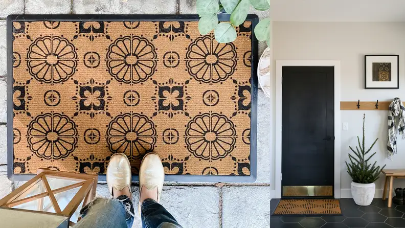 A person stands on a Ruggable doormat.