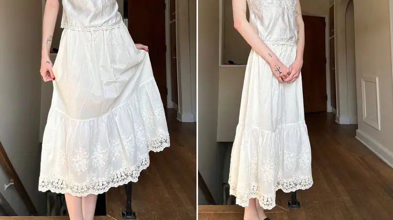 Two images side by side of woman wearing flowy lacy white skirt.