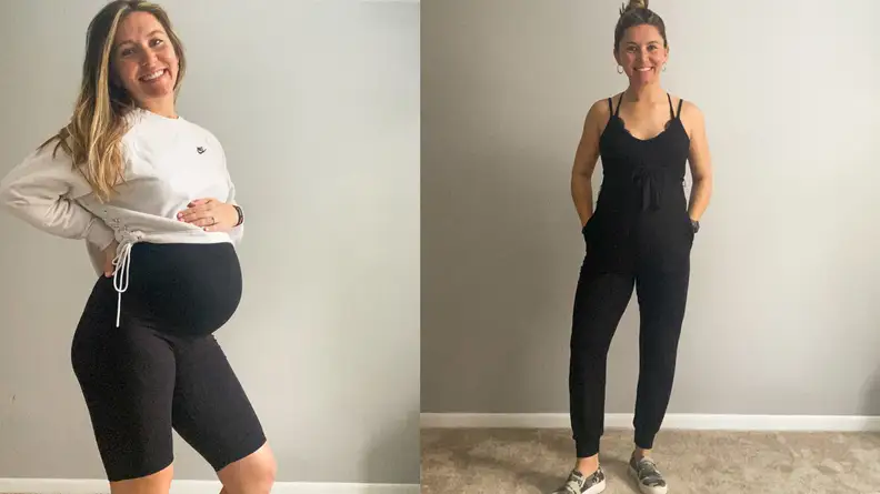 Model wears Something Navy x A Pea in The Pod maternity clothes