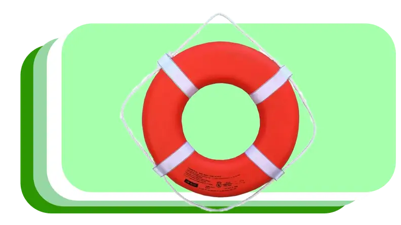 Single orange and white lifebuoy with rope attached around perimeter.