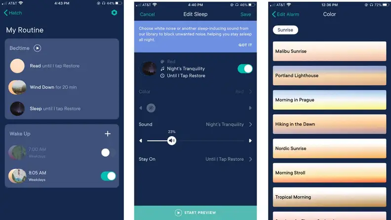 screenshots showing various pages of the Hatch Restore app
