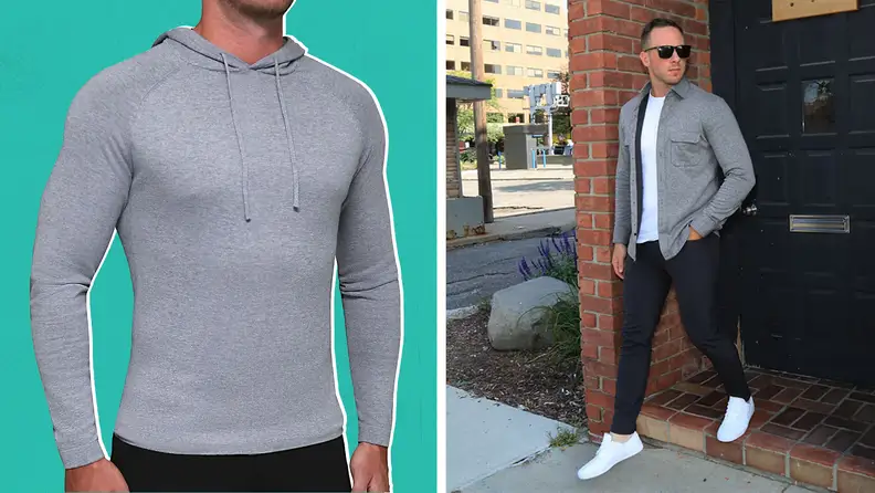 A model wearing a gray hoodie, and a man wearing a gray shirt and black pants.