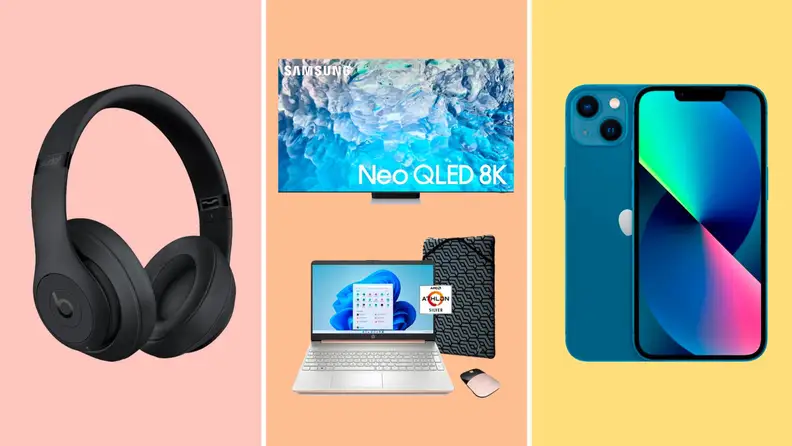 A pair of headphones on the left against a pink background. A Samsung TV above an HP laptop against a peach background in the middle. A blue iPhone 13 against a yellow background on the right.