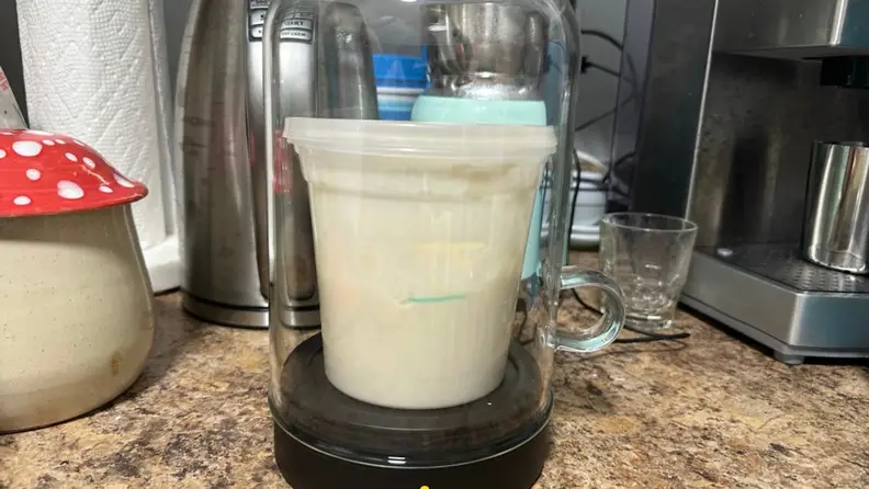 A close-up of the Goldie sourdough warmer with a plastic quart container inside.