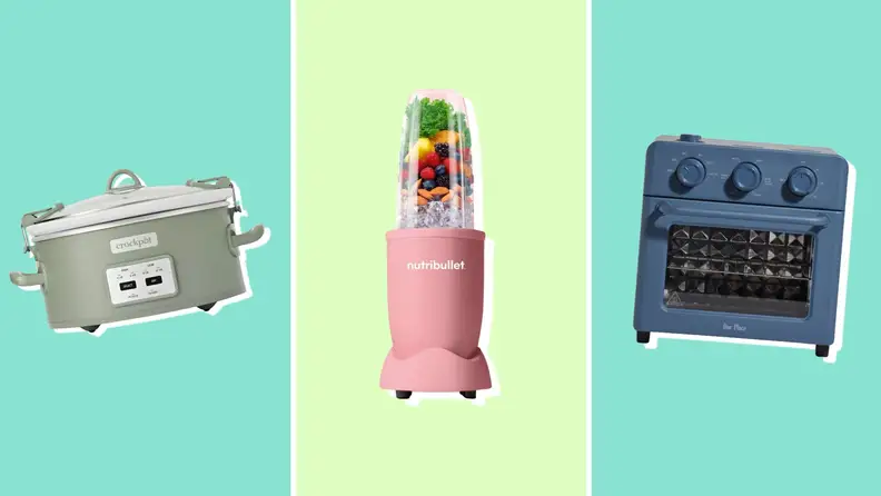 Crockpot, nutribullet, and wonder oven on colorful background