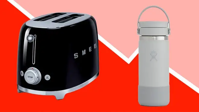 Toaster and water bottle on red and pink background