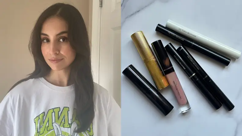 Portrait of a woman and makeup sticks on a marble counter