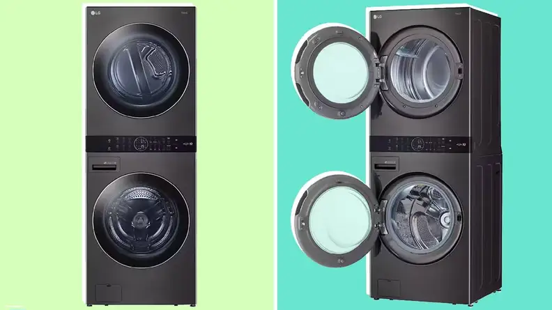 A side-by-side of the LG Washtower. On the left its doors are closed and on the right its doors are open. Both are floating on a colorful background.