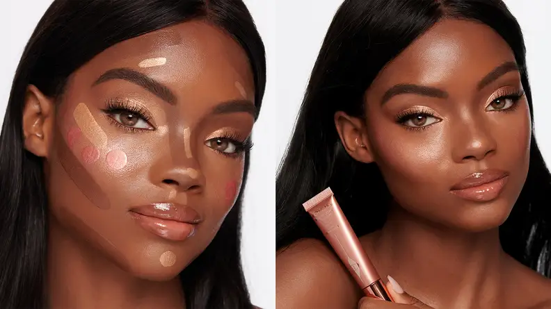 A model has swatches of bronzer, blush, and contour on their face.